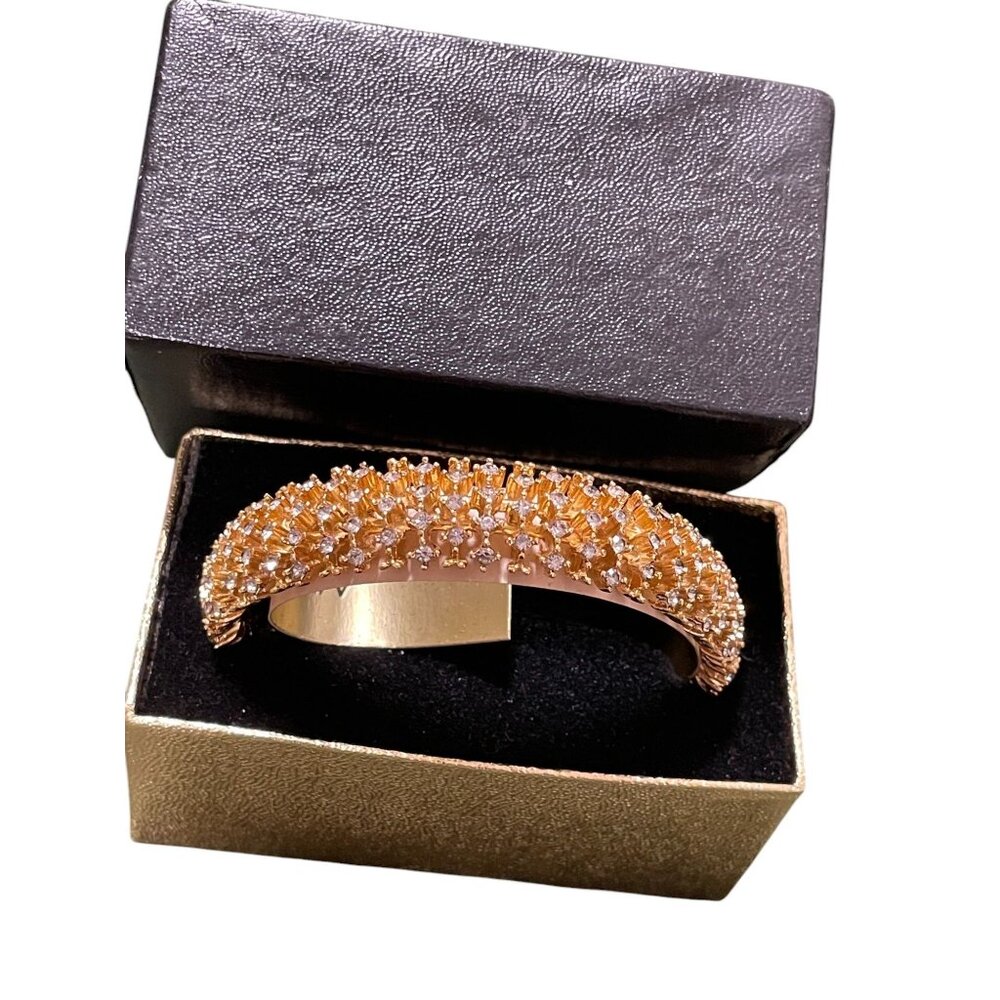 1970s Bangle Bracelet By Elegante Clear Rhinestone Gold Tone-NOS RARE MCM